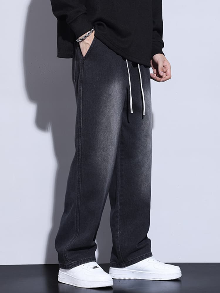 50代メンズファッション パンツ/ズボン ドローコード入りストレートデニム