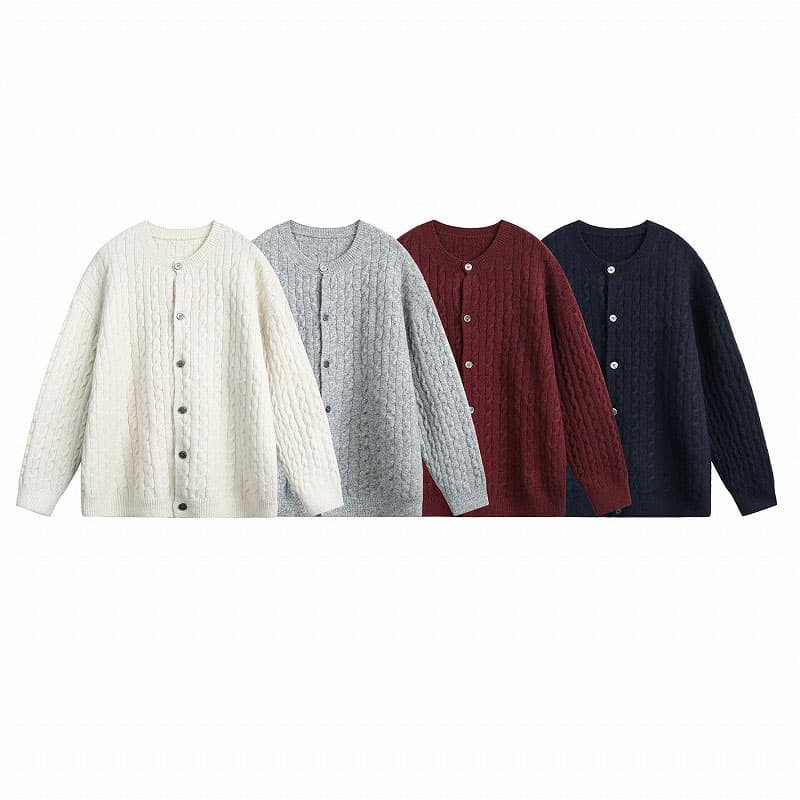 50代メンズファッション ケーブル編み【丸首カーディガン】